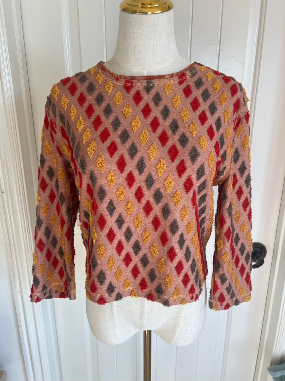 Free People Diamond Pattern Knit Top in Pink, Red & Mustard